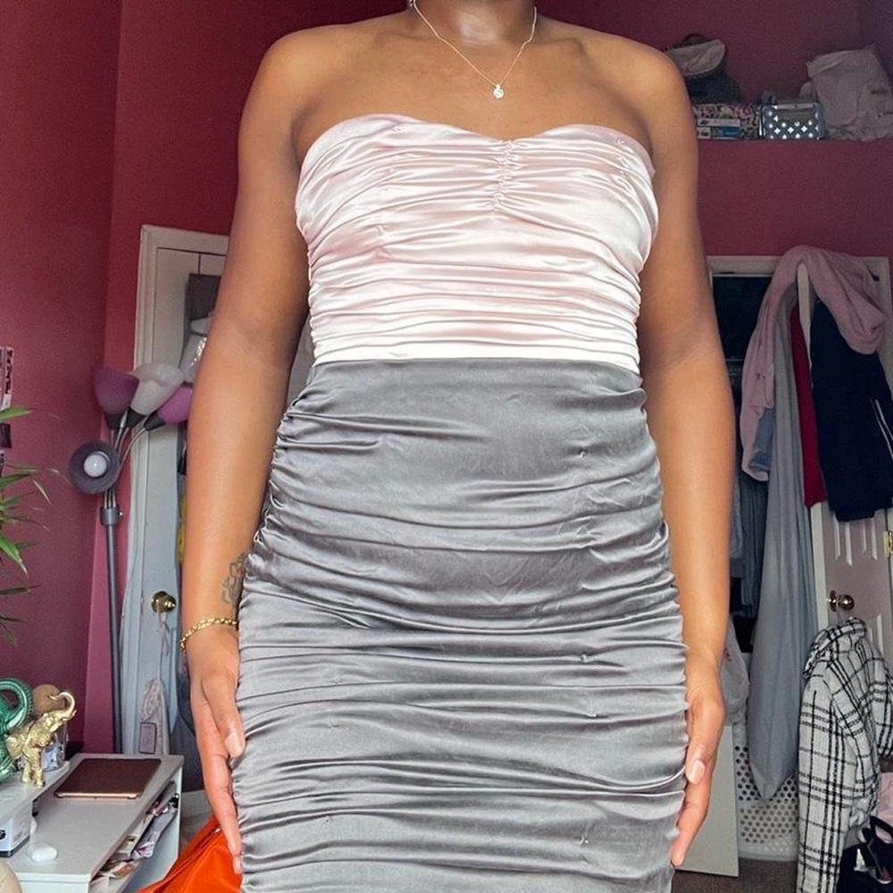 peach and brown sorority formal dress